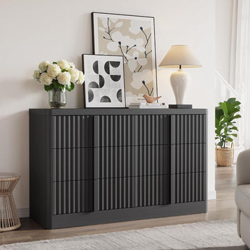 Fluted Dresser , 47" Wide 6 Drawer Dresser, Modern Chest of Drawers with Solid Wood Handle, Curved Profile Design
