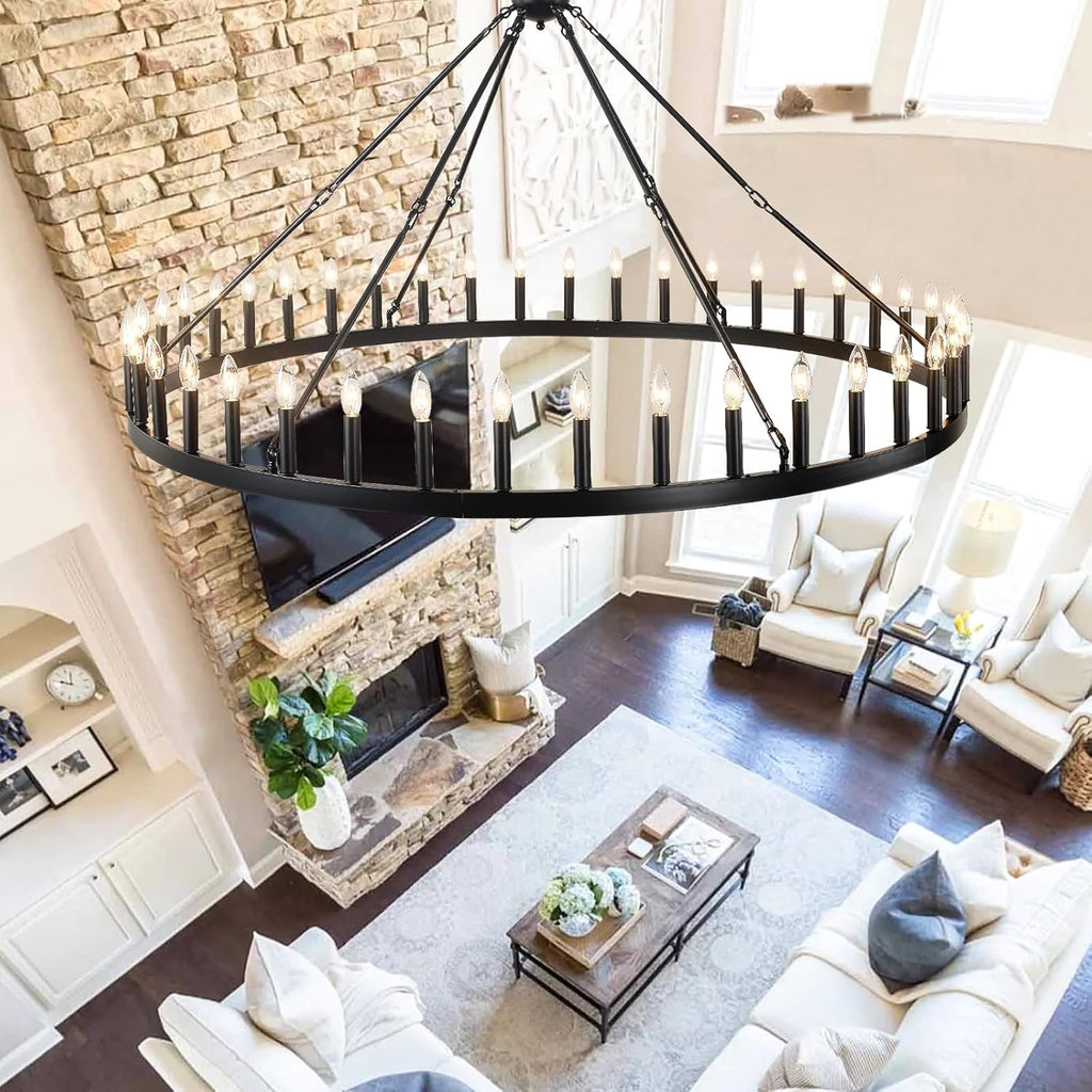 Inspired Camino Style Chandelier - 64 Inch Extra Large Black Wagon Wheel Chandelier 42-Light Farmhouse Wagon Wheel Chandeliers Round Industrial Ceiling Light fixtures for Outdoor Porch high Ceilings Living Dining Room Foyer Entryway