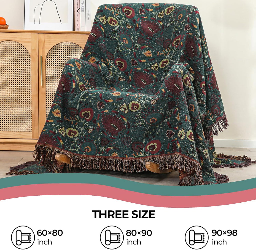 Boho Throw Blanket,100% Ultra Cotton Soft Breathable Bed Throw Floral Printed Farmhouse Decor Rustic Bed Throws