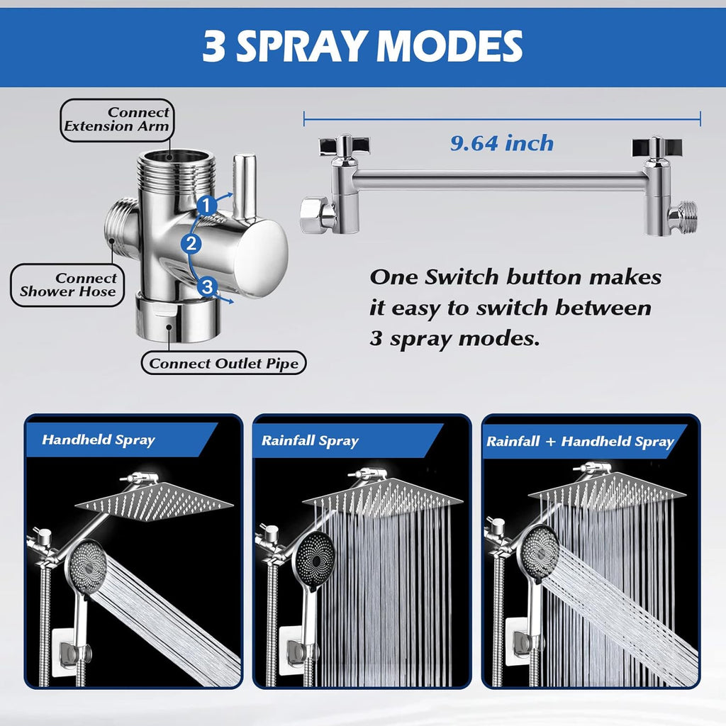 Shower Head,8”Rain Shower Head with Handheld Spray Combo with 11'' Angle Adjustable Extension Arm/Flow