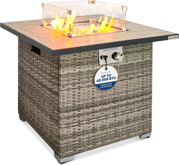 Outdoor Propane Fire Pit Table - CSA/ETL Certified Safe 50,000 BTU Pulse Ignition Weatherproof Square Wicker Propane