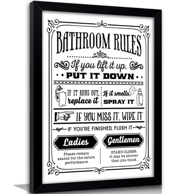 Framed, Black and White Wall Art - Funny Toilet Rules Prints, Humorous Restroom Sign Canvas, Washroom Regulations