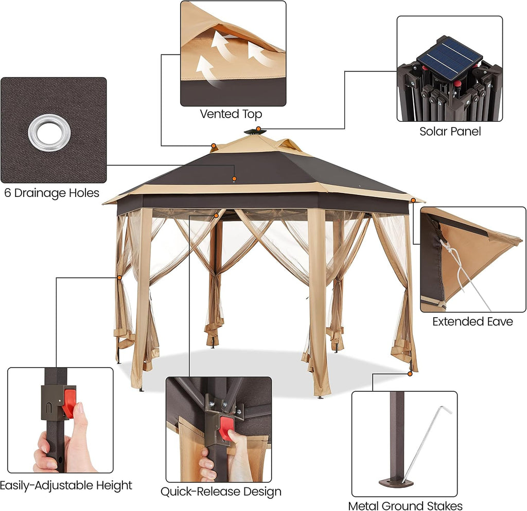 13×13 Pop-Up Patio Gazebo Tent W/Mesh Netting Sides & 25 Solar LED Lights
