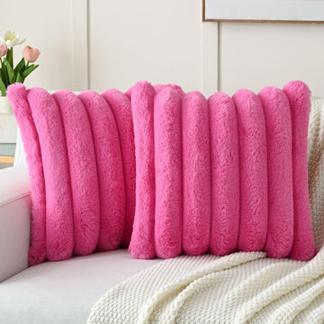 Pack of 2 Faux Fur Striped Throw Pillow Covers 20x20 Inch, Hot Pink