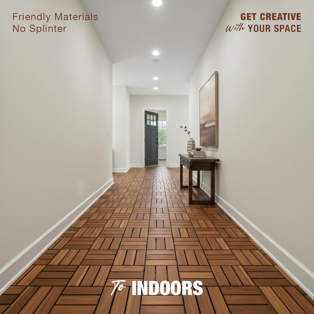 Premium Acacia Wood Interlocking Deck Tiles, 9 PCS 12"x12"x0.9" Patio Flooring, Waterproof Decking Tiles for Balcony