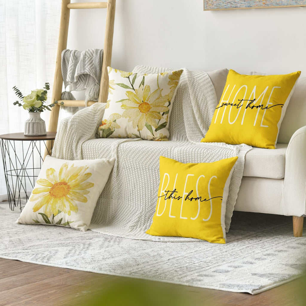 Home Sweet Home Spring Summer Flowers Yellow Throw Pillow Covers, 18 x 18 Inch Cushion Case