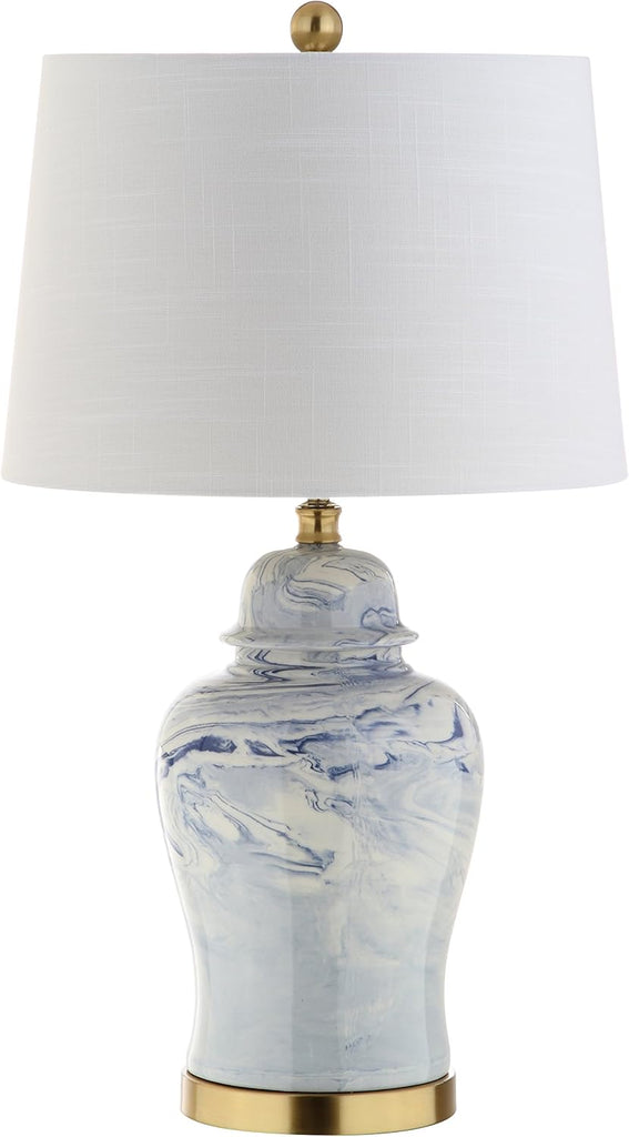 26" Blue and White Marble Ceramic Table Lamp, Traditional Ginger Jar Style with Brass Gold Base