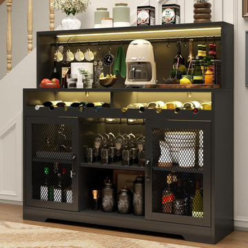 Wine Bar Cabinet with LED Light, Liquor Cabinet with Glass Holder, Coffee Bar for Liquor, Storage Buffet with Wine