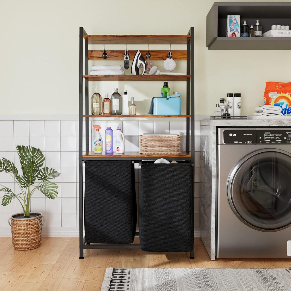 Laundry Hamper with Shelf, Tall Laundry Basket Clothes Hampers | 4 Tiers Storage Shelf and Hooks, Double Clothes