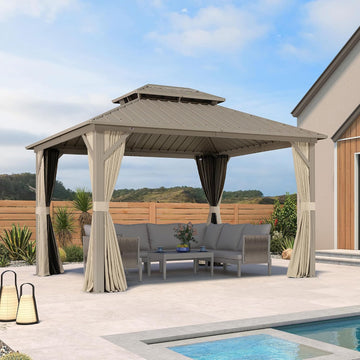 10' x 12' Outdoor Hardtop Gazebo, Champagne Aluminum Gazebo with Galvanized Steel Double Roof