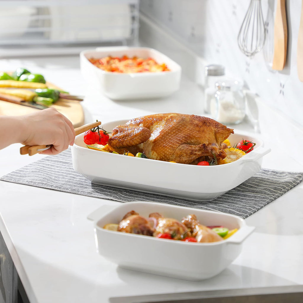 Ceramic Casserole Dishes Set of 3,White Dish for Oven,9x13 | Rectangular Deep Lasagna Pans with Handles, Stackable