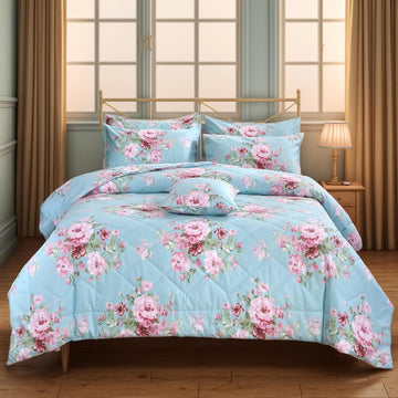 Blue Comforter Set Queen 3Pcs Vintage Floral Summer Quilt 100% Cotton Fabric with Soft Microfiber Inner Fill Bedding