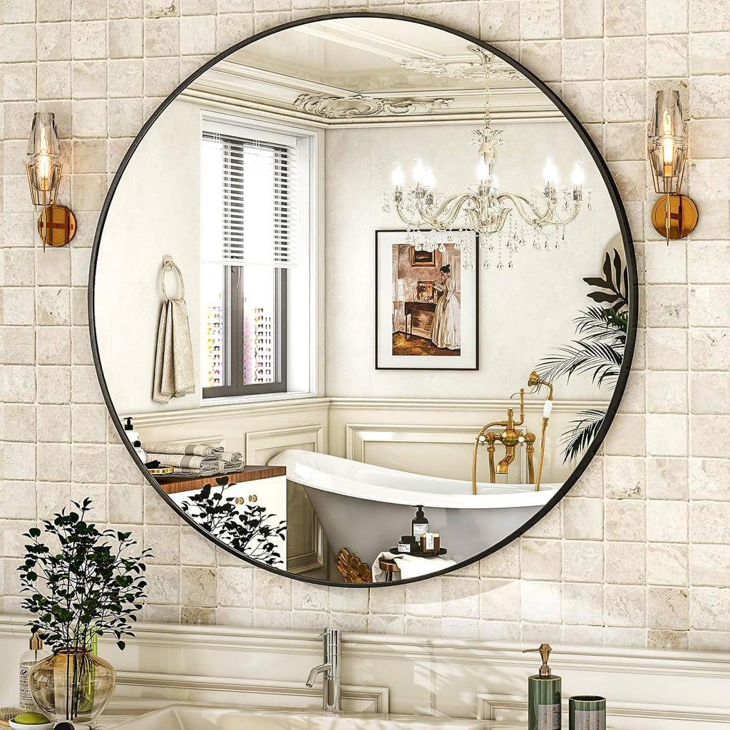 Round Mirror 30 Black Wall Mounted Circle Mirrors Vanity Mirror with Brushed Aluminum Alloy Frame Modern Decoration