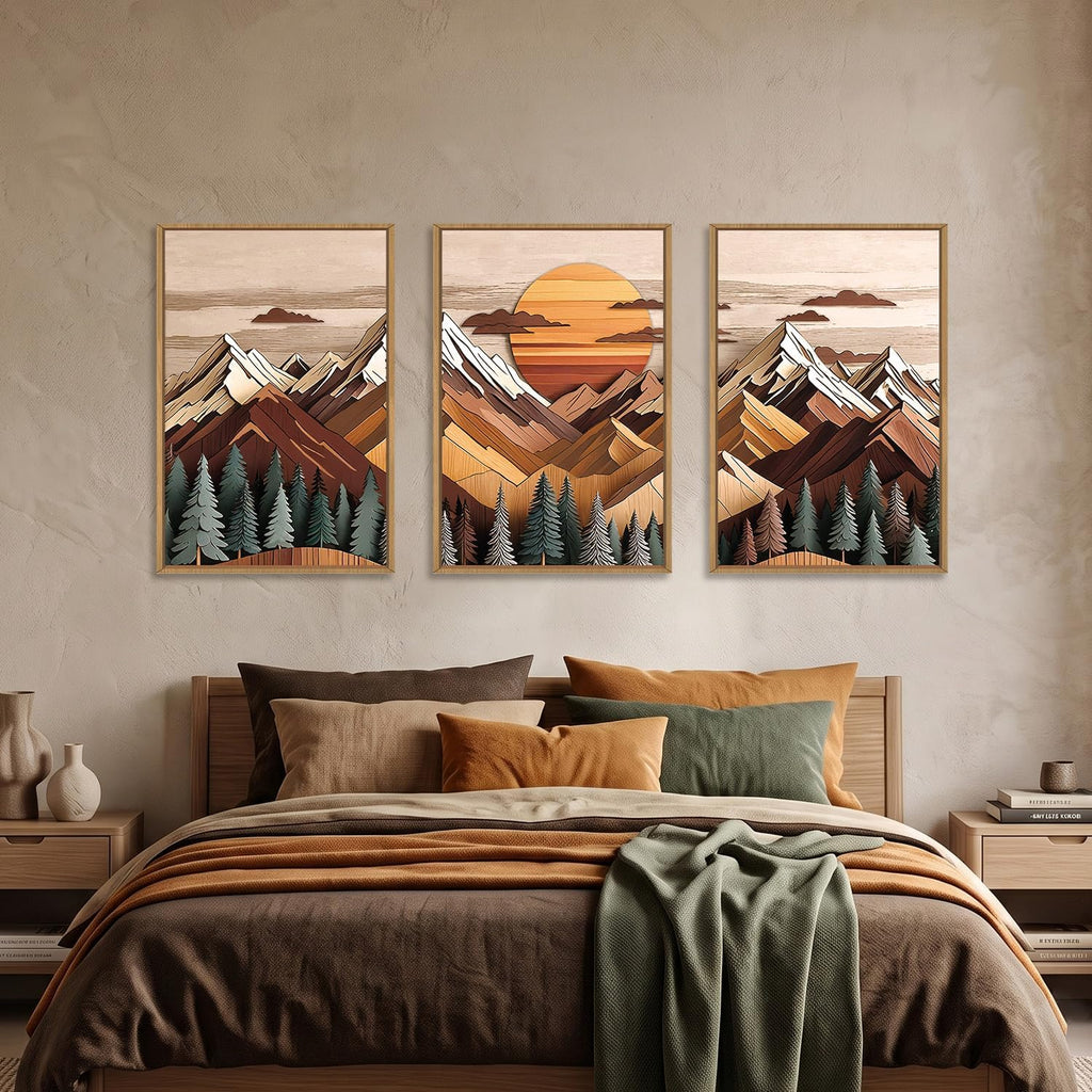 Woodcut Mountain Landscape Framed Canvas Wall Art Set-24"x36"x3