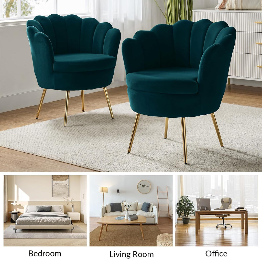 Modern Velvet Accent Chairs Set of 2 with Channel Tufted Seashell Back, Cute Living Room Bedroom Armchairs with Gold