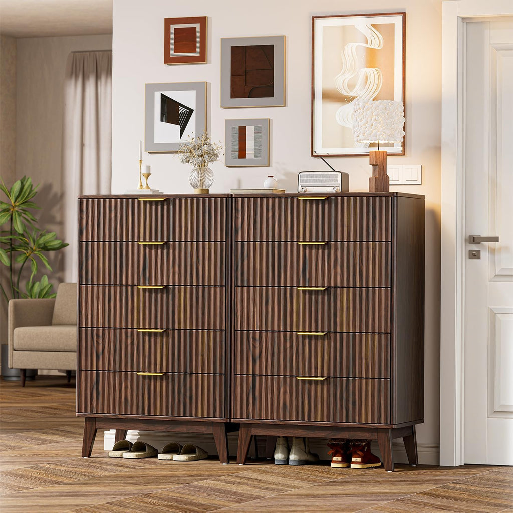 5-Drawer Dresser Fluted Drawers, Mid-Century, Walnut | 31"W x 15.4"D x 48"H, 130 lbs top / 40 lbs per drawer (7.7"H)