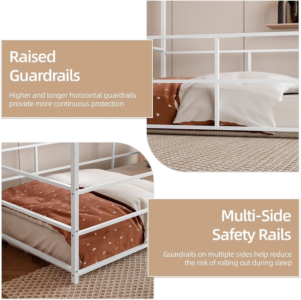 Twin Floor Bed Frame for Kids, Metal Low House Bed Montessori Bed with Guardrails & Built-in Clothing Rack, No Box