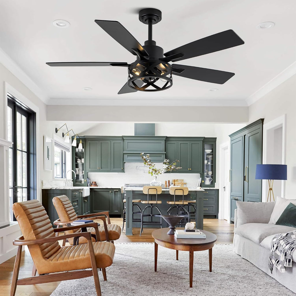 52" Farmhouse Ceiling Fan with Lights and Remote,Ceiling Fan with Caged Rustic Light Fixture,Reversible DC Motor