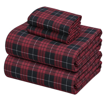100% Cotton Flannel Sheets, 4 PCs, Red Buffalo Check