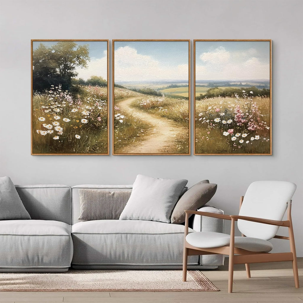 Rustic French Country Framed Canvas Wall Art, Vintage Flower Field Wall Decor, Calming Nature Landscape Art