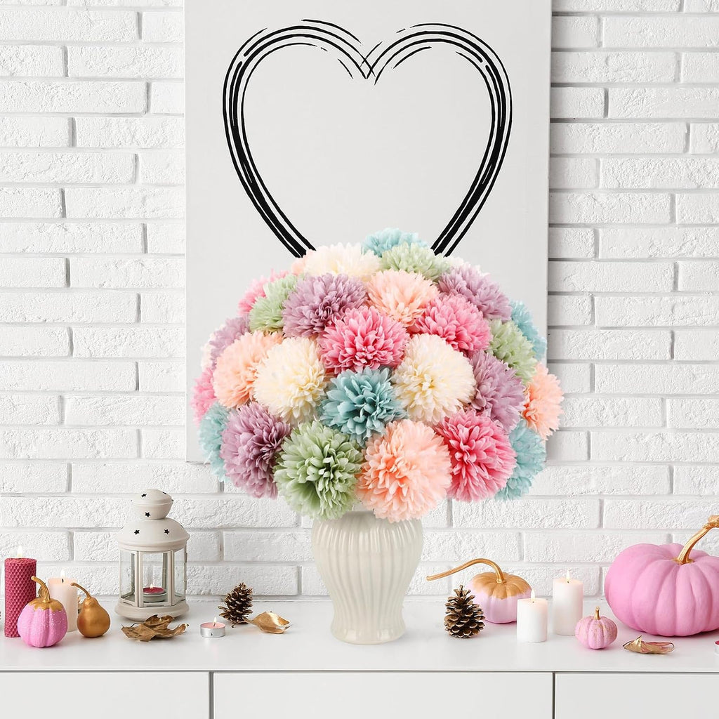 36 Pcs Pastel Artificial Chrysanthemum Flowers Faux Flower Ball Bouquet Silk Fake Marigold Mum for Easter St Patricks