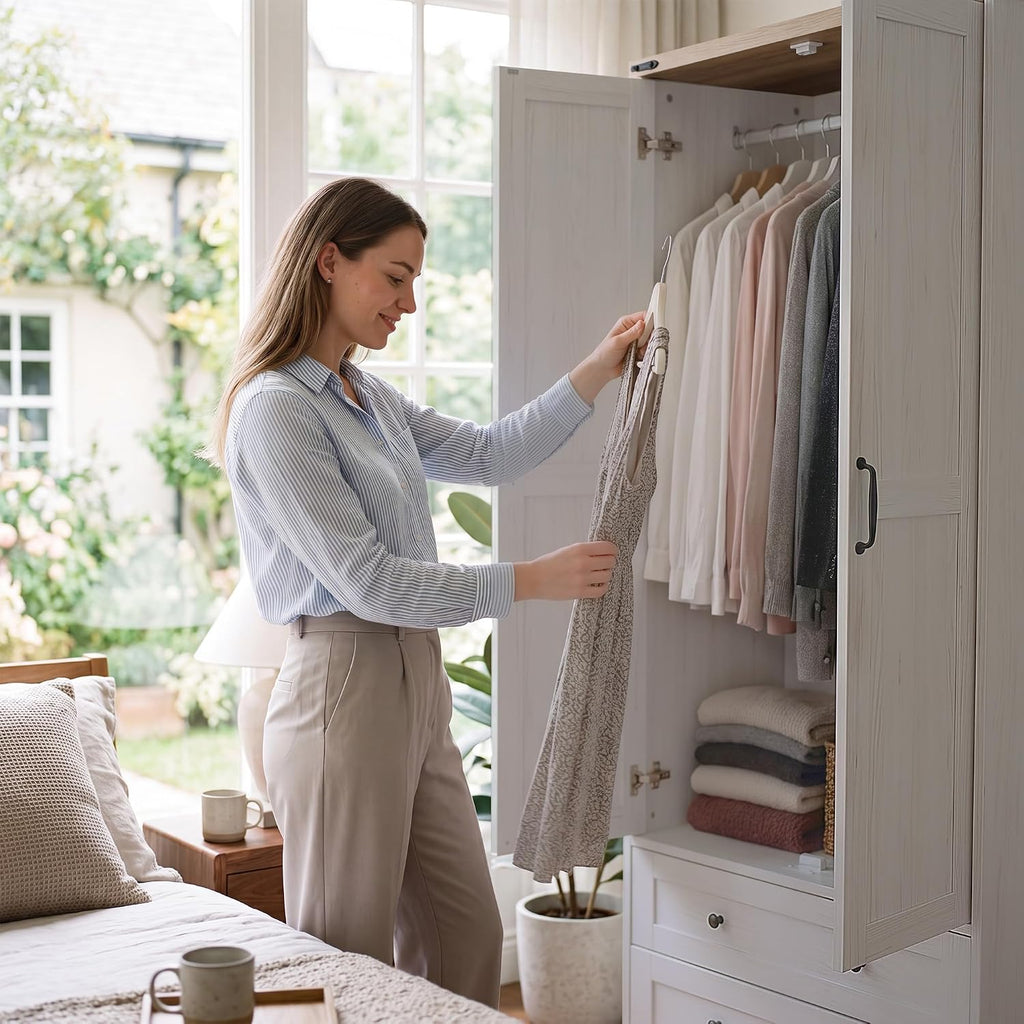 71" Wooden Armoire Wardrobe Closet with 2 Doors & 2 Drawers, White | Modern Tall Storage Cabinet with Adjustable