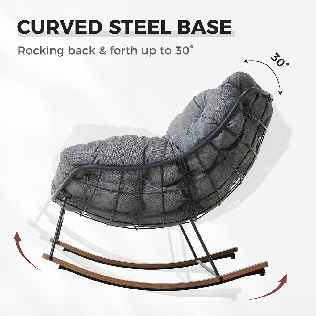 Outdoor Papasan Rocking Chair with Thick Cushion, Grey | Oversized Modern Cozy Lounge Rocker Chair Steel Frame with