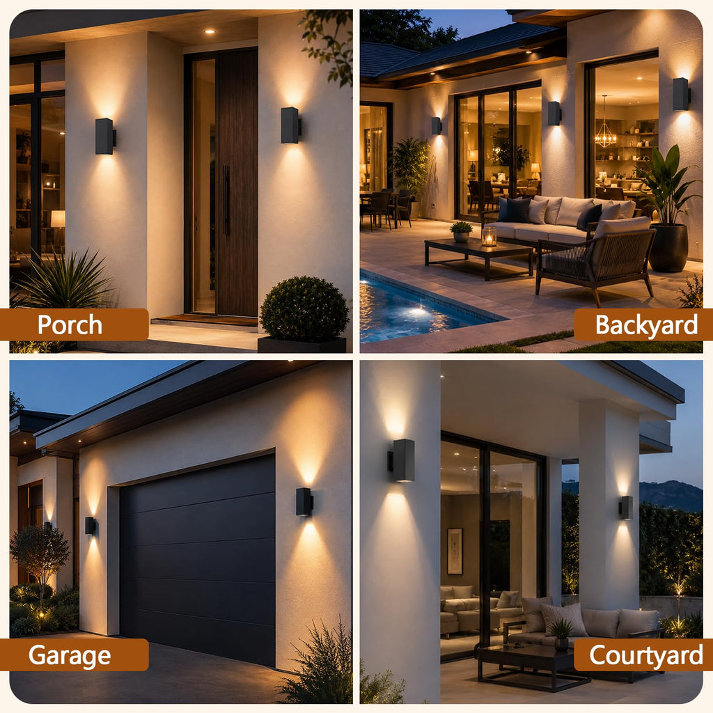4 Pack Square Up Down Outdoor Wall Lights, Black Exterior