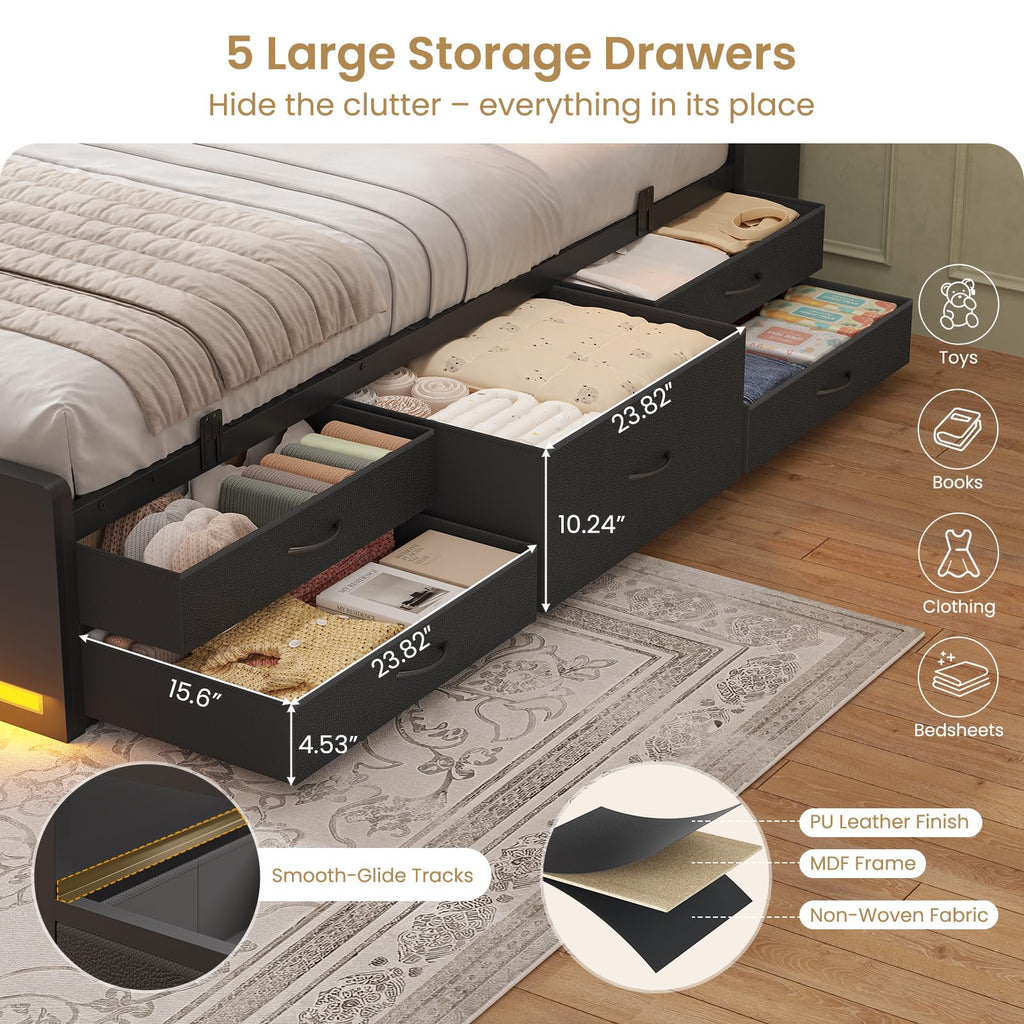 Queen Bed Frame with Storage Headboard & 5 Drawers, LED Bed Frame Queen Size with Charging Station, Wooden Platform