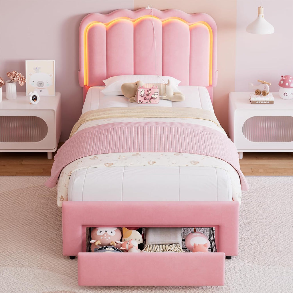 Twin Upholstered LED Bed Frame with Storage Drawer and Adjustable Chic Double Wavy Headboard, Velvet Princess