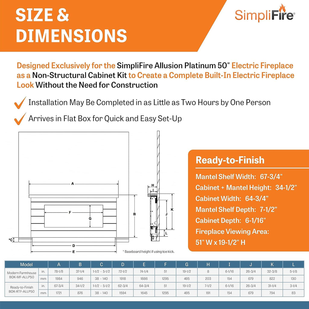 50-Inch Allusion Platinum Linear Electric Fireplace with Mantel Package, Floor or Floating Install Wall-Mounted