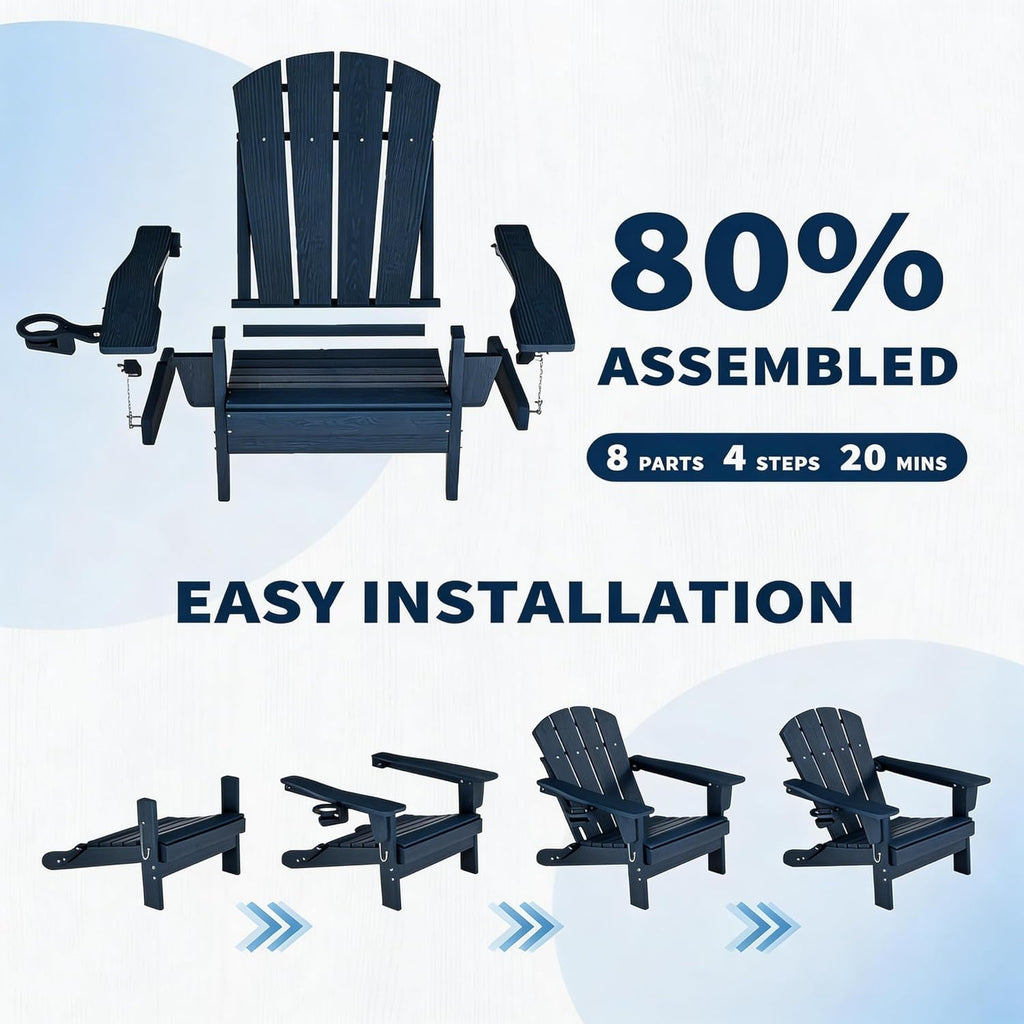 HDPE Folding Adirondack Patio Chair with Cup Holder - Weather-Resistant Plastic, Wood Grain Texture, Outdoor Lounge