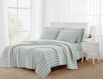 Wide Ticking Stripe Green 3 Piece Quilt Set