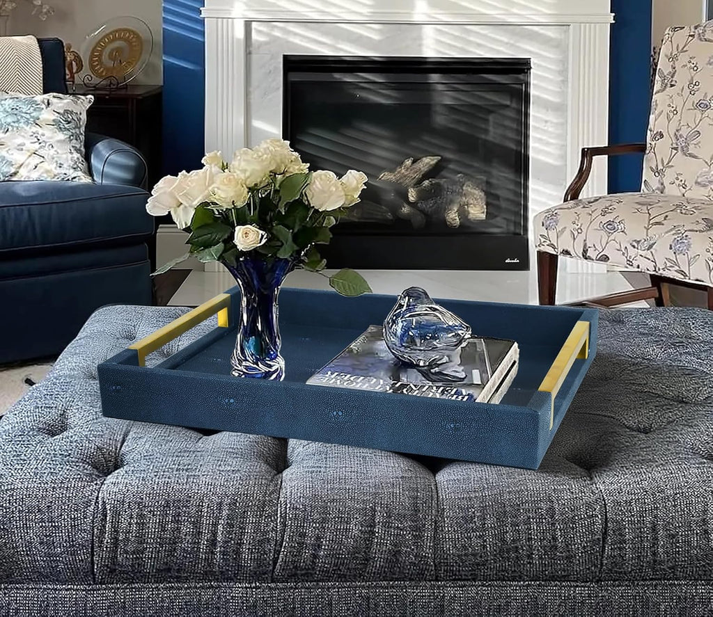 Faux Leather Serving Tray with Gold Metal Handles, Stylish Decorative Tray Organizer for Coffee Table, Ottoman, Home