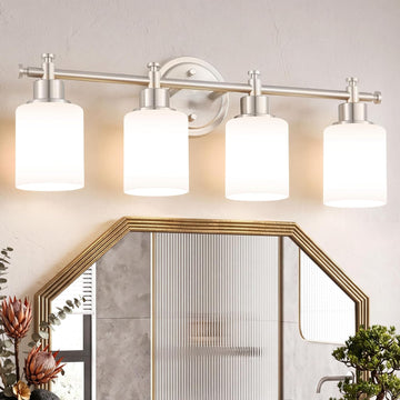 4 Light Bathroom Vanity Light Fixture Over Mirror, Brushed Nickel, 23'' | Vanity Lights , White Frosted Glass Shades
