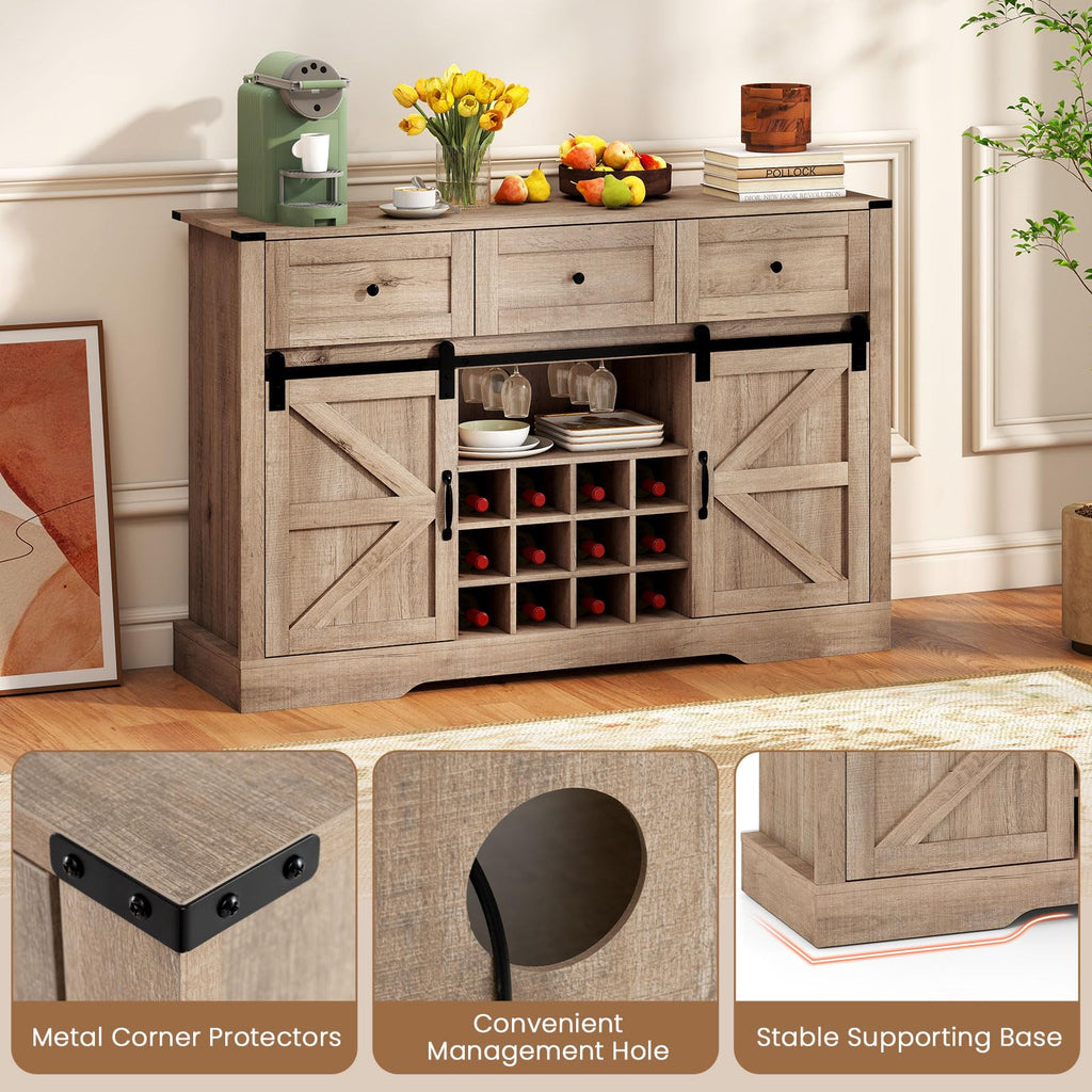 Wine Bar Cabinet with LED Lights, 52" Buffet Sideboard w/Sliding Barn Door, 3 Drawer, Adjustable Shelf, 12 Bottle