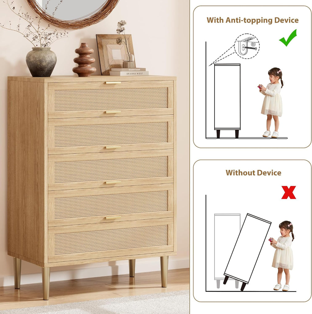 Rattan Dresser with 5 Drawers,44" Tall Chest of Drawers | Narrow Wooden Vertical Dresser With Metal Legs And Handles