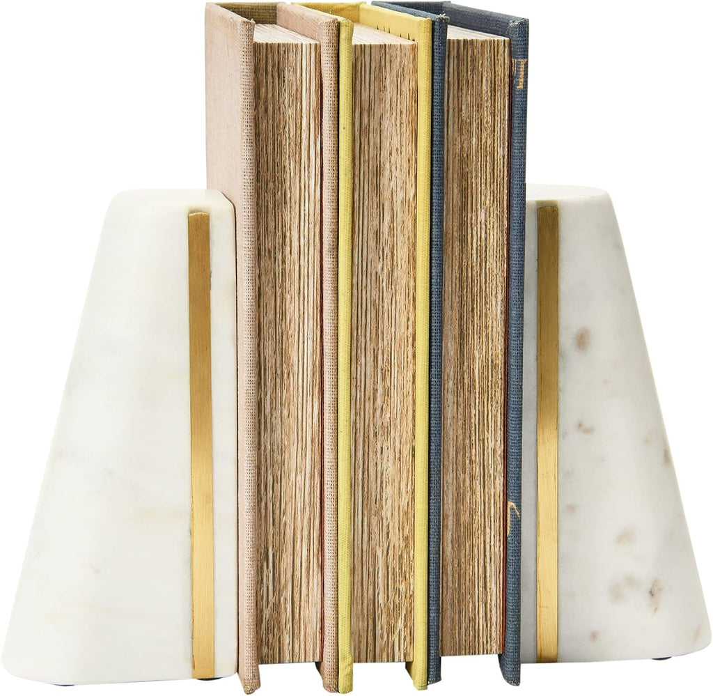 Geometric Marble Bookends with Brass Inlay, White