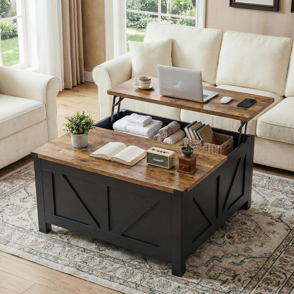35” Farmhouse Coffee Table with Large Storage, Rustic Wood Lift Top Coffee Table