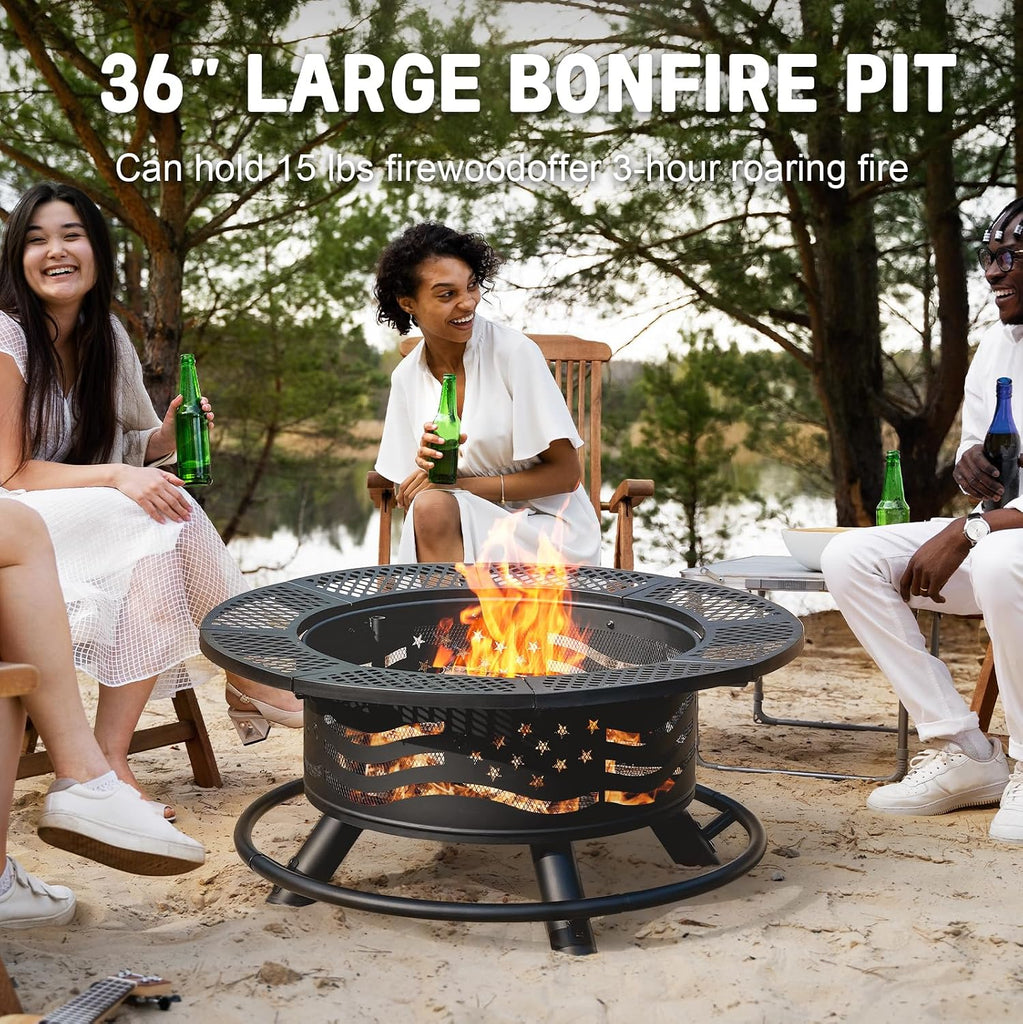36 Inch Fire Pit with 2 Cooking Grates, Wood Burning BBQ Grill Firepit Bowl with Cover Lid, Steel Round Table - Black