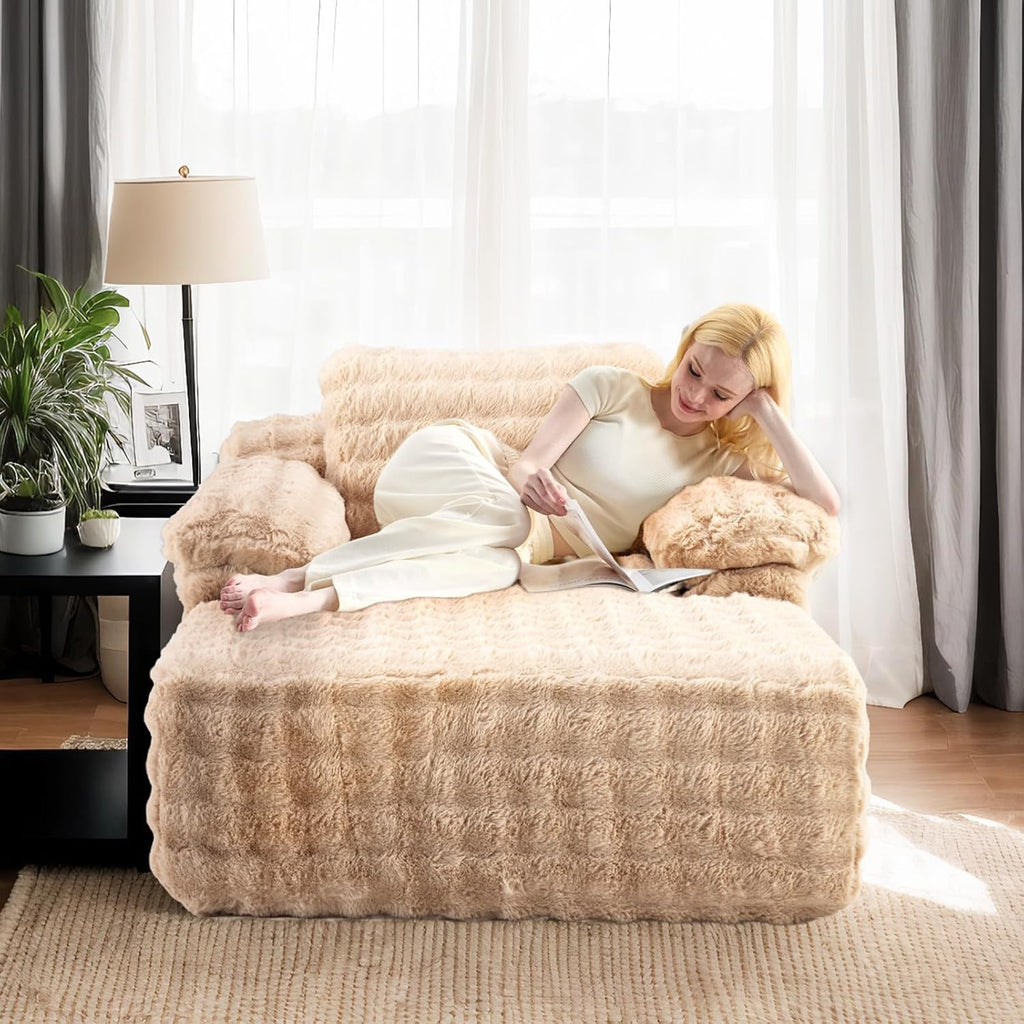 Boneless Chaise Lounge Chair, Light Brown Oversized Reading Chair Upholstered Bubble Fleece Cloud Couch Sofa Recliner