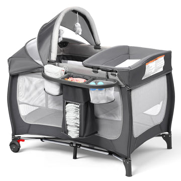 4 in 1 Portable Play Yard, Baby Playard w/Bassinet, Grey