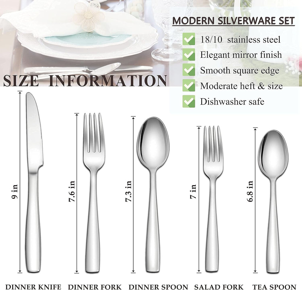 18/10 Stainless Steel Silverware Set, 60-Piece Fancy Flatware Cutlery Set for 12, Modern Eating Utensils Tableware