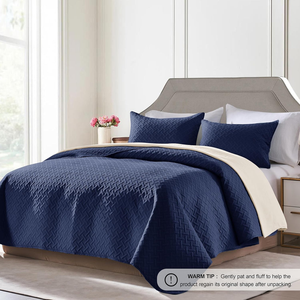 Navy Twin Modern Geometric Quilt Coverlet Set, Lightweight Bedspread Bedding, Soft Microfiber Bed Cover for All