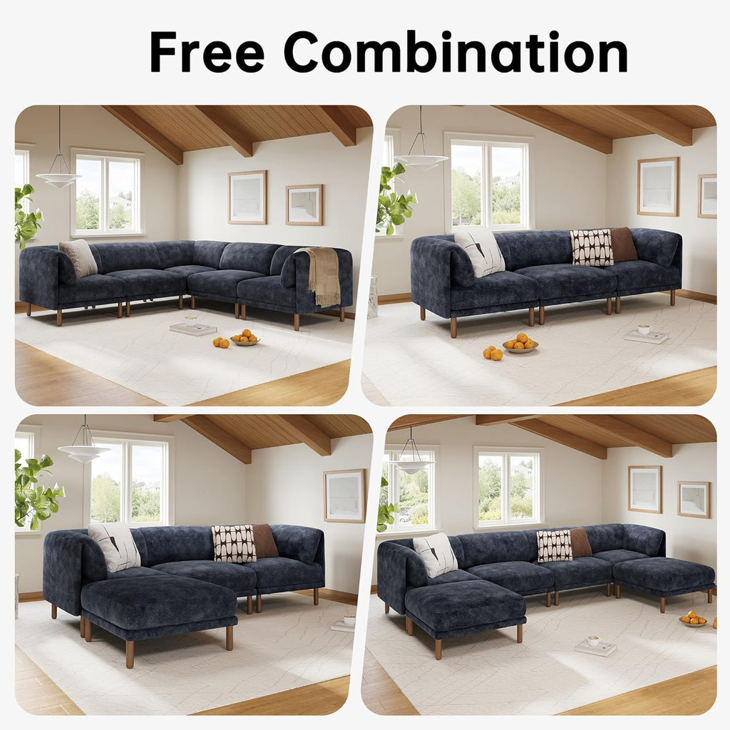 Modular Sectional Sofa,4 Seater L-Shaped Mid Century Modern Couch, Deep Seat Modular Couch, Chenille Comfy Solid Wood