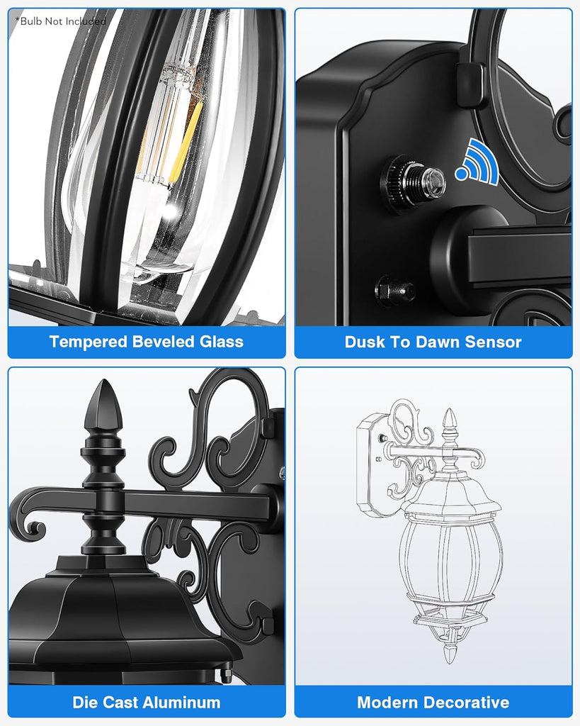 Dusk to Dawn Outdoor Lighting Fixture for House, Black Exterior Wall Light Wall Mount Sconce with Tempered Glass