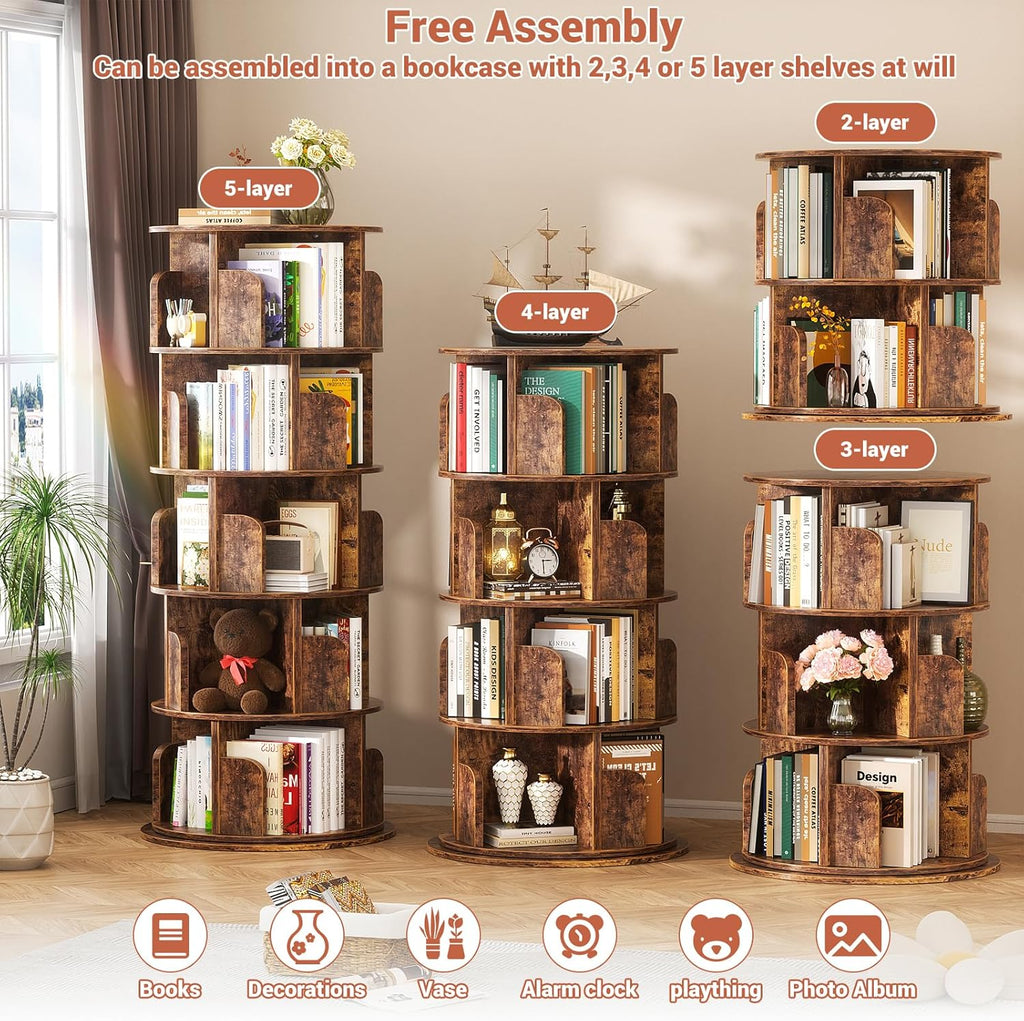 Rotating Bookshelf Tower, 5 Tier Spinning Bookcase, Revolving 360 Book Shelf Narrow Tall Bookcase