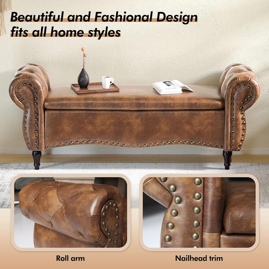 Storage Ottoman Bench, 51" Length Upholstered End of Bed Storage Bench with Safety Hinge, Tufted Bed Benches with