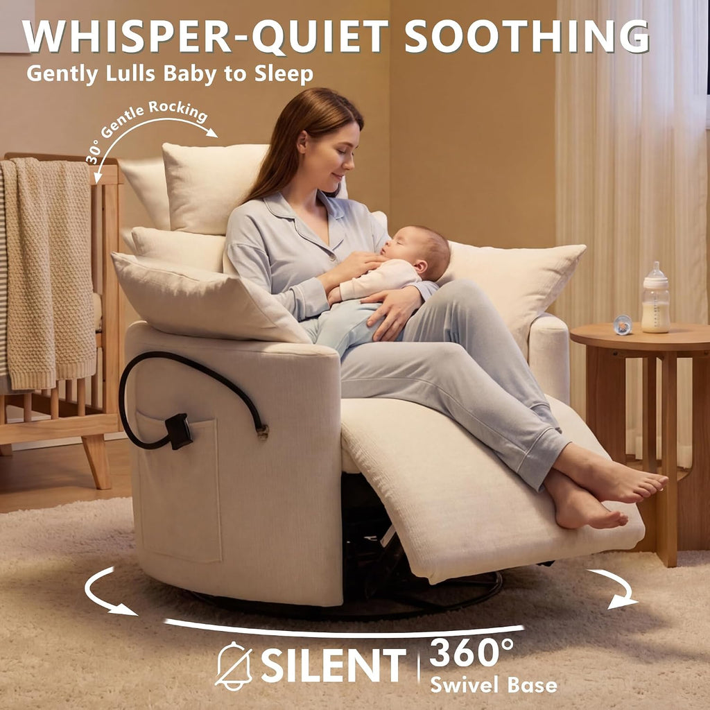 Chenille Nursery Rocking Chairs Recliner, Manual, White | 4" Height and 55° Angle Adjustable Headrest, 360° Silent