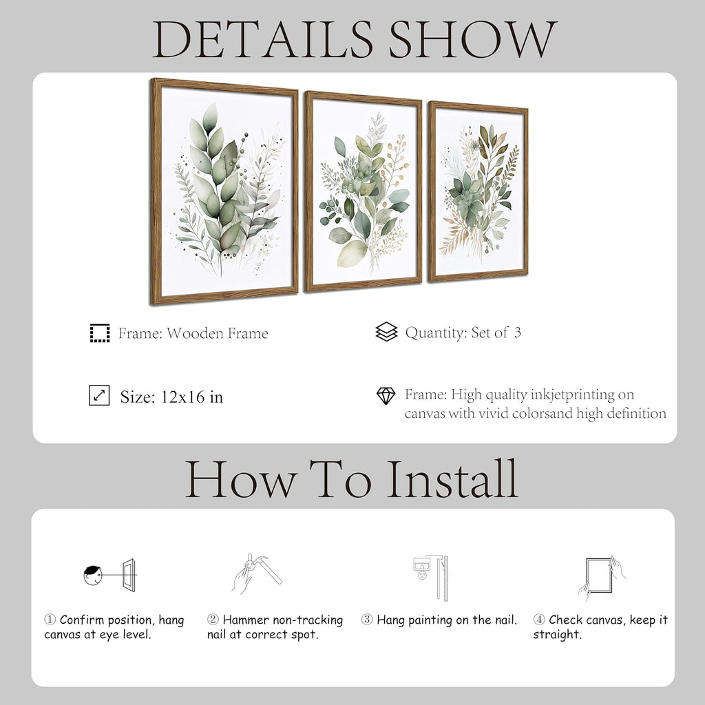 Sage Green Botanical Wall Art Set of 3, Modern Watercolor Eucalyptus Leaf Canvas Prints, Minimalist Boho Floral Wall